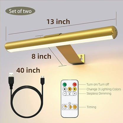 2Pack Wireless Picture Lights Painting Lights with Remote,Gold Rechargeable Battery Picture Lights for Artwork Display Led Accent light Gallery Light Dartboard Light Full Metal Brightness Dimmable