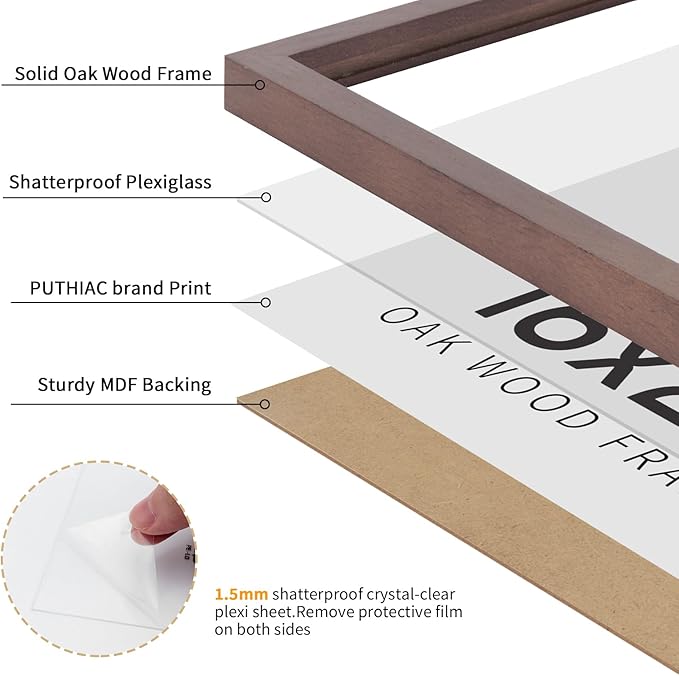 puthiac 16x24 Solid Oak Wood Picture Frame, No Mat, Wall Display Only, Vertical or Horizontal, Plexi Front, 1 Pack, Walnut