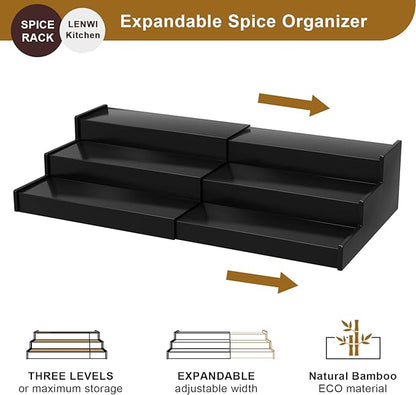 Spice Rack Organizer for Cabinet, 3 Tier Expandable Bamboo Spice Storage for Kitchen Cupboard Pantry, Black