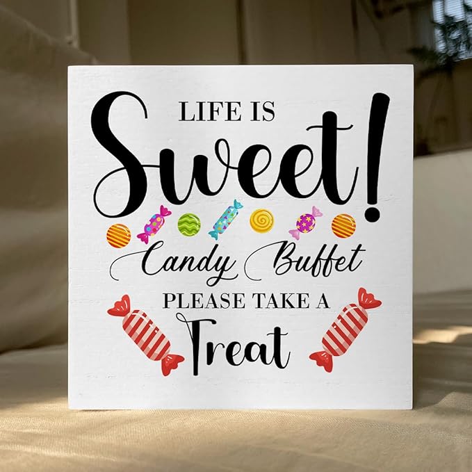 Candy Lover Artwork Wood Box Sign Rustic Farmhouse Style Life Is Sweet Candy Buffet Wood Block Plaque 5 X 5 Inches Home Desk Sign Decor for Presents