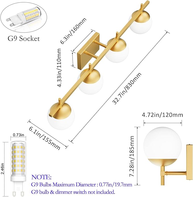 Ralbay Mid Century Gold Bathroom Vanity Lights 4-Light Gold Milky Glass Modern Bathroom Lighting Fixtures Over Mirror, Gold 4-Light (Exclude Bulb)