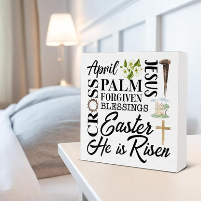 Easter Decor - Easter Decorations for Home - He Is Risen Wood Sign Home Office Living Room Bedroom Desk Shelf Table Tabletop Decor 5×5 Inches