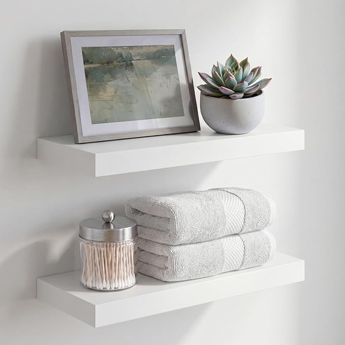 Homeforia White Floating Shelves 16 inch, High End Solid Real Wood 16inch Bathroom Floating Shelf for Wall Mounted, White Wooden 16 Floating Shelves, Heavy Duty Bracket, 16 X 6.5 X 1.75 inch, Set of 3