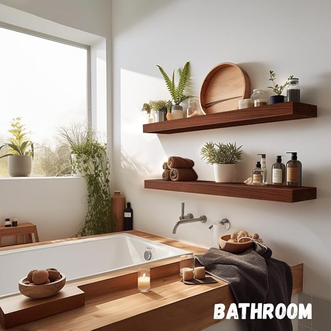 Habudda Floating Shelves, Wall Hanging Wood Shelf for Rustic Home Decor, Bathroom, Bedroom, Kitchen Display, Natural Wood, Invisible Bracket, 30