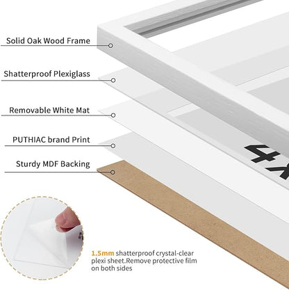 puthiac 4x4 Solid Oak Wood Picture Frame, Fits 3x3 with Mat or 4x4 Without Mat, Wall or Tabletop Display with Stand, Plexi Front, 1 Pack, White