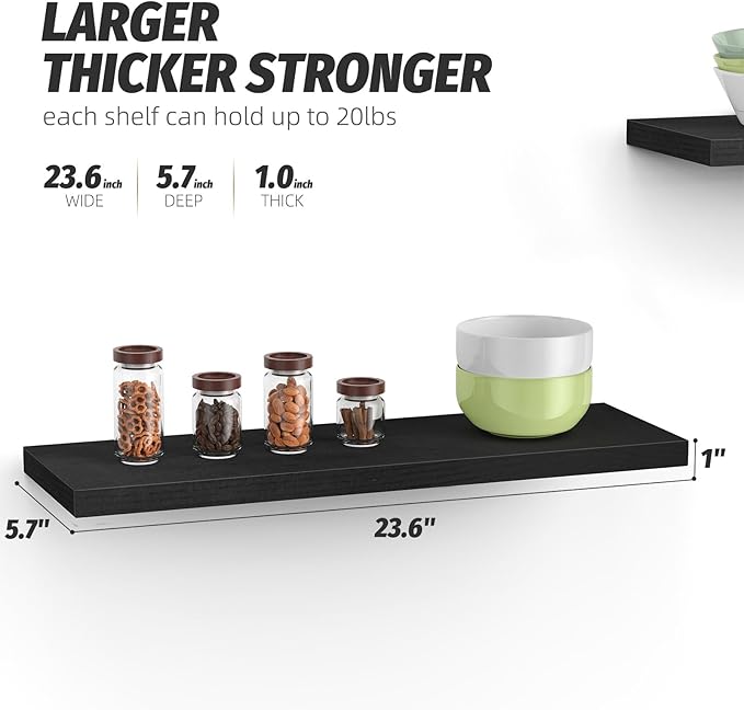 Floating Shelves (Set of 2) – Wall Mounted Shelves for Home Décor and Storage, Natural Pine Wood, Suitable for Living Room and Bedroom (Black, 23.6