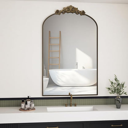 Vintage Wall Mirror, 24"x36" Arched Mirror for Vanity, Antique Decorative Mirrors with Carved Metal Frame for Bedroom, Living Room, Entryway, Fireplace, Hallway, Bronze