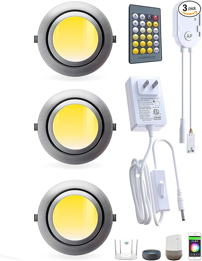 Smart Puck Lights 2700-6500k Tunable Under Cabinet Lighting with Alexa,Google Home,App & Remote Control, LED Puck Light Dimmable for Kitchen,Shelf,Workbench,RV Ceiling,Recess Mount,12V,2W/pc,3pcs