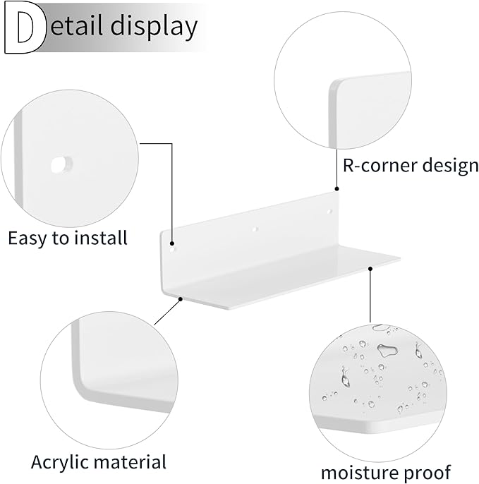 12 Inches White Acrylic Wall Shelves Set of 2, Wall Mounted Shelves for Plants, Speaker, Camera, Toiletries, Spice Jars, Coffee, Candles, Shoes, 2 Pack