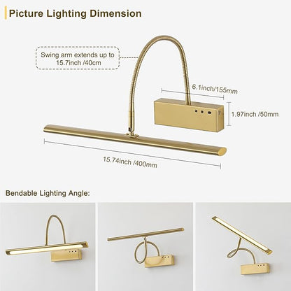 JOOSENLUX Wireless Picture Light with Remote Control - 16" Inch Brass Dimmable Art Light, Timer - Battery Operated - for Pictures, Display, Artwork, Gallery Wall