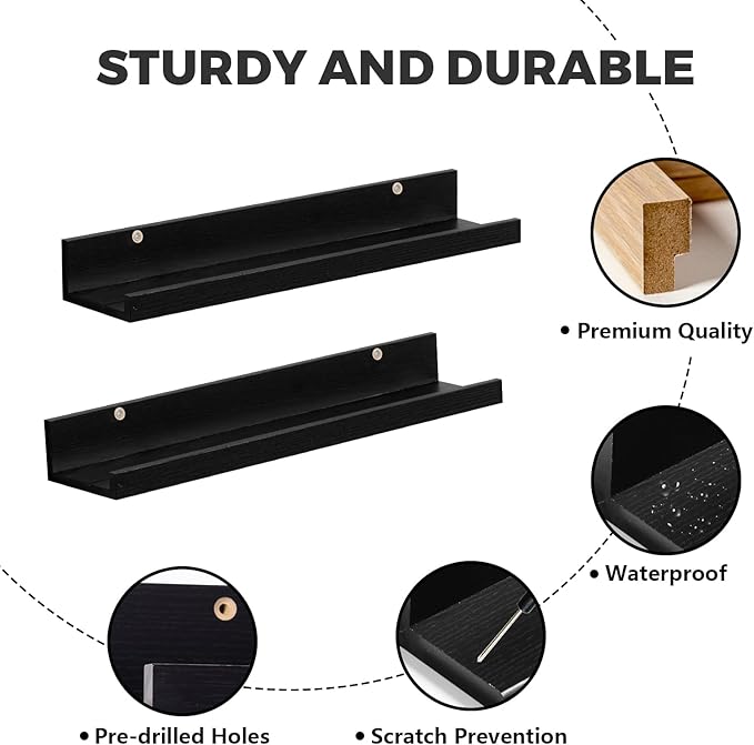 Muzilife 24" Small Floating Wall Ledge Shelves with Lip - Set of 2 Wood Floating Shelves - Black Wall Mounted Picture Ledge for Office, Bathroom, Bedroom, Living Room, Kitchen