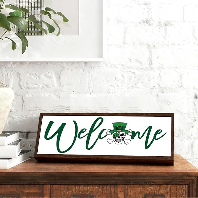 Funny Welcome Sign, Skeleton Man Welcome Decor, St. Patricks Day Wood Decor, Front Door Decoration for Home Office Coffee Bar or Party, Tabletop Decors, 9.5x3.1x1 inches