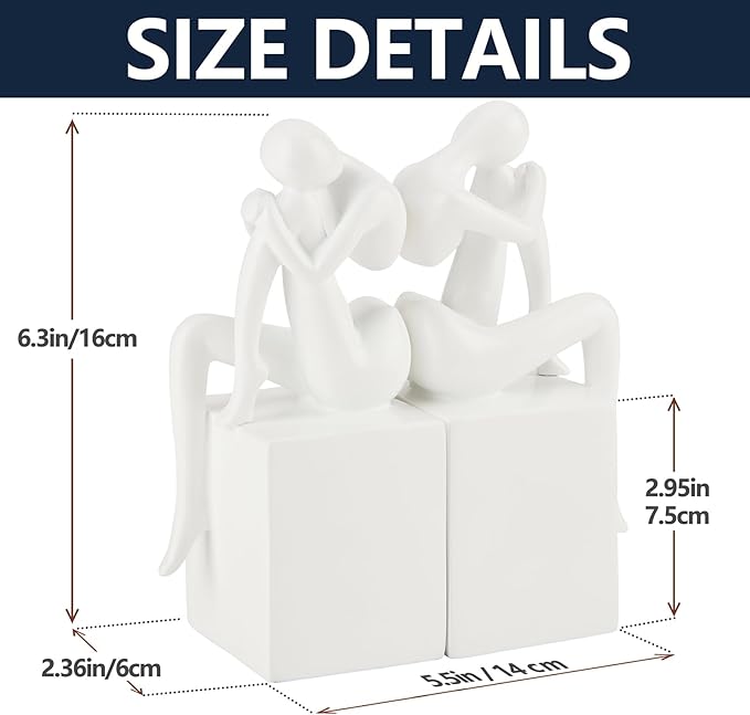 White Book Ends Decorative, Girl Thinker Design, Modern Bookends for Shelves, Non-Skid Heavy Duty Resin Book Stopper for Books, Bookends with Base, Resin, 1Pair/2Piece