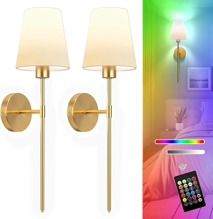 Battery Operated Wall Sconces Set of Two, Gold Wireless Wall Lights with 5200mAh Dimmable Bulbs and Remote, 12 Color Rechargeable Wall Sconce for Bedroom Living Room Hallway, 24 Inch