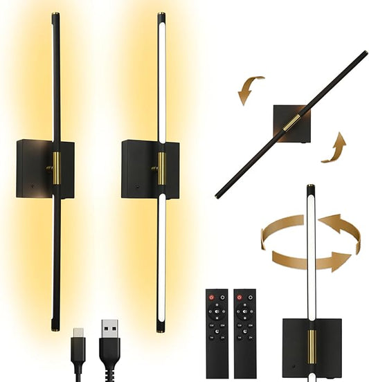 Battery Operated Wall Sconce Set of 2 Rechargeable Wireless Cordless 12000ma 360° Rotation Large Wall Lights lamp Modern Decor Linear Long Metal Black Gold 28"
