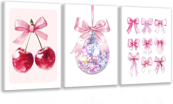 Zeredi Framed Pink Coquette Bow Trendy Preppy Wall Art Prints Set of 3, Coquette Room Decor, Preppy Room Dorm Decor Aesthetic, Pink Bow Cherry Disco Ball Wall Decor Posters for Girls Bedroom 12"x16"