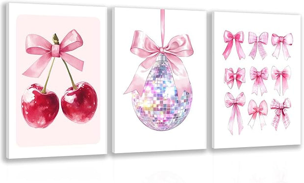 Zeredi Framed Pink Coquette Bow Trendy Preppy Wall Art Prints Set of 3, Coquette Room Decor, Preppy Room Dorm Decor Aesthetic, Pink Bow Cherry Disco Ball Wall Decor Posters for Girls Bedroom 12"x16"