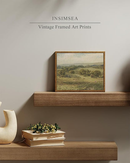InSimSea Framed Canvas Wall Art, Vintage Landscape Art for Living Room Hallway Shelf, 10x8in,Hills Pasture Watercolor Painting, Rustic Farmhouse Cozy Cottage Mid Century Small Nature Decor