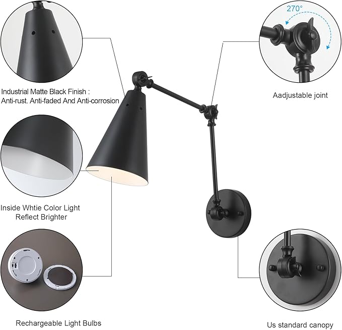 MWZ Black Swing Arm Wireless Rechargeable Sconces Set of 2,Battery Operated Dimmable 3 Color Cordless Wall Lamp with Remote,Indoor Wall Mounted Light Fixture with Cone Metal Shade for Bedside