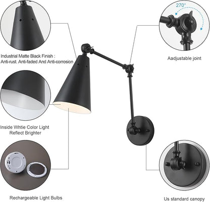MWZ Black Swing Arm Wireless Rechargeable Sconces Set of 2,Battery Operated Dimmable 3 Color Cordless Wall Lamp with Remote,Indoor Wall Mounted Light Fixture with Cone Metal Shade for Bedside