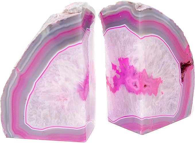 JIC Gem Decorative Crystal Book Ends Polished Dyed Pink Color Geode Brazilian Agate Bookends with Rubber Bumpers Small Size(1 Pair, 2-3 LBS)