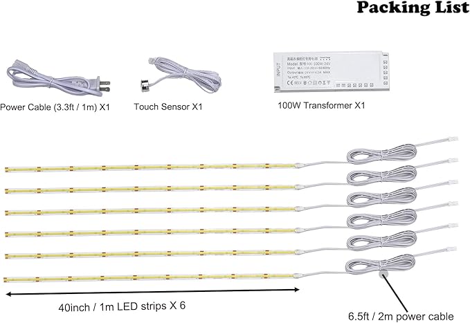 6 Pcs COB LED Strips Bright Dispaly Case Under Cabinet Light,Adhesive Backing Adjustable Brightness, Wardrobes Cabinet,Flexible LED Strips Light (Cool White, 6 * 40inch LED Strips)