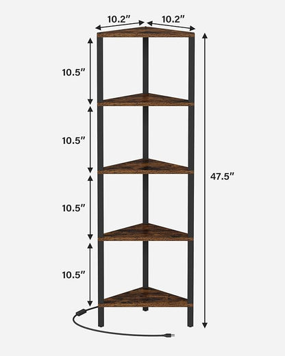 TUTOTAK Corner Shelf with LED Light, 5-Tier Corner Bookshelf for Small Space, Narrow Display Corner Shelf Stand with Storage Rack, for Living Room, Bedroom, Rustic Brown BS05BB005L