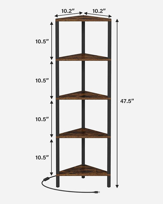 TUTOTAK Corner Shelf with LED Light, 5-Tier Corner Bookshelf for Small Space, Narrow Display Corner Shelf Stand with Storage Rack, for Living Room, Bedroom, Rustic Brown BS05BB005L