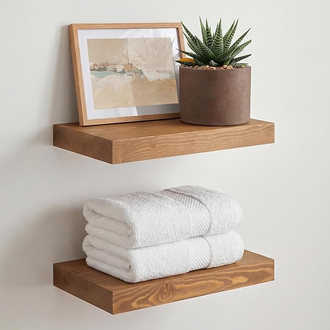 Homeforia 12 inch Golden Oak Floating Shelf, High End Solid Real Wood 12inch Small Floating Shelves for Wall Mounted, Oak Wooden 12in Floating Shelves, Heavy Duty Bracket, 12 X 6.5 X 1.75 in, Set of 4