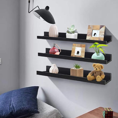 Lavezee 36 Inch Black Floating Wall Ledge Shelves Set of 3, Photo Picture Ledge Shelf with Lip for Office, Bedroom, Living Room, Kitchen