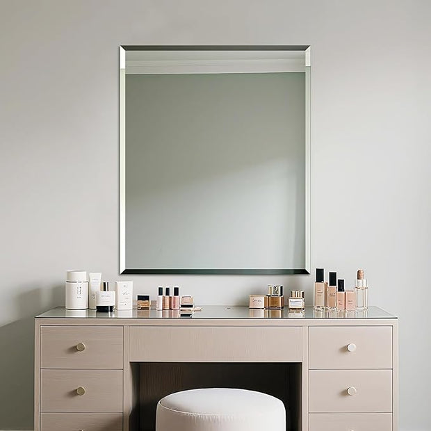 Frameless Bathroom Mirror for Wall, Rectangle Beveled Edge Mirror for Over Sink, Tempered Glass, Shatterproof, Hangs Horizontally or Vertically for Living Room, Entryway, Restroom, 36" x 30"