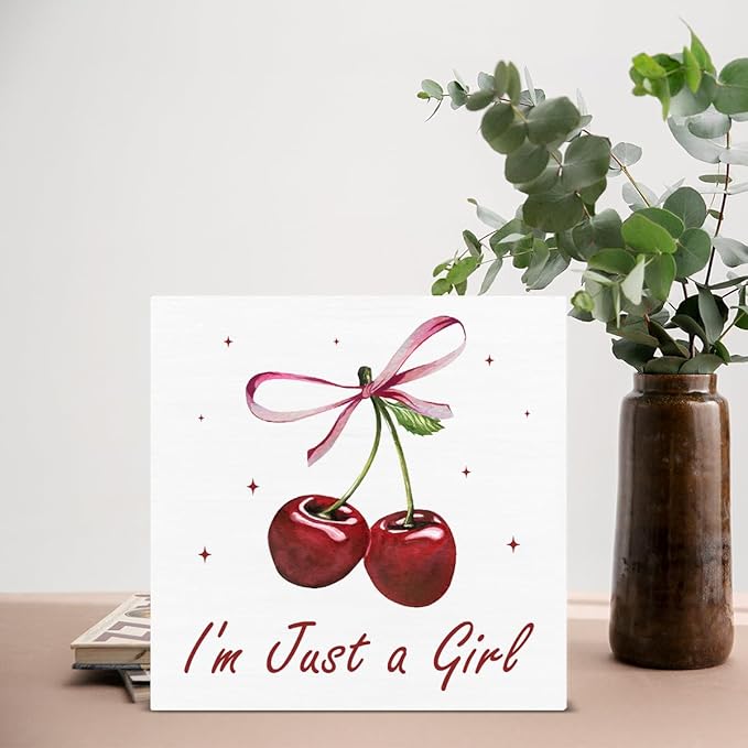 Cherry Decor - Bow Decor for Girls Room - Cherry Decoration for Home - I'm Just a Girl Wood Sign Home Girls Bedroom Nursery Dorm Desk Shelf Table Tabletop Decorations 5×5 Inches