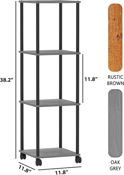 Bathroom Shelving Unit with Wheels, 4-Tier Narrow Open Floor Shelves, Metal Corner Slim Storage Rack for Bathroom Laundry Room Kitchen Living Room, Oak Grey