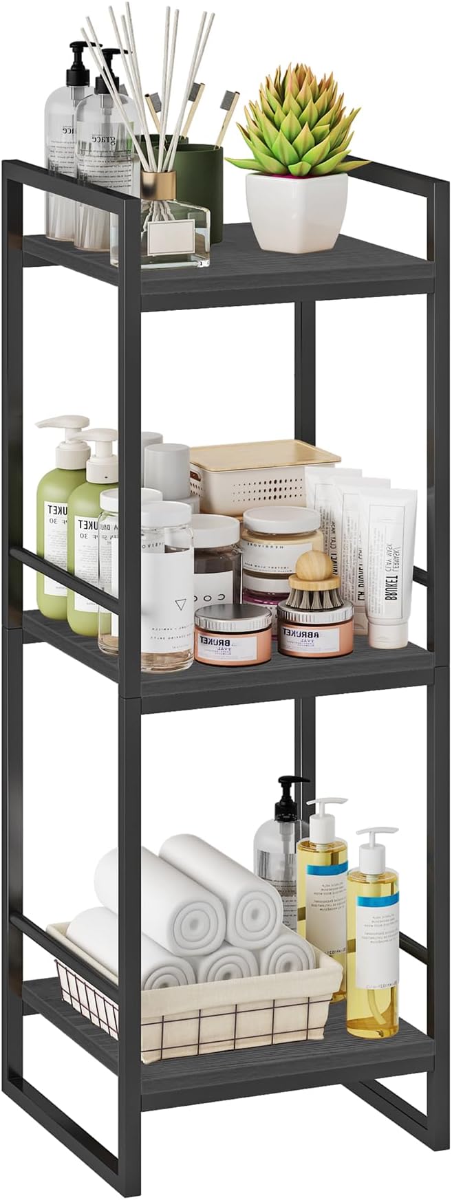 BYFU 3 Tier Bathroom Storage Open Shelf, Freestanding Metal Corner Storage Rack Shelving Unit for Bathroom Kitchen Living Room Hallway, Black