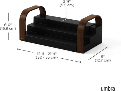 Umbra Bellwood Three-Tier Spice Shelf, Expandable Design Made of Durable Plastic and Wood, Black/Walnut