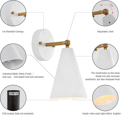 MWZ White Wall Sconces Set of Two, Modern Sconces Light Fixtures Hardwired with Metal Shade,Indoor Decor Arm Swing Lamp for Hallway,Bedroom,Living Room,Reading,Bedside,Kitchen,Nightstand