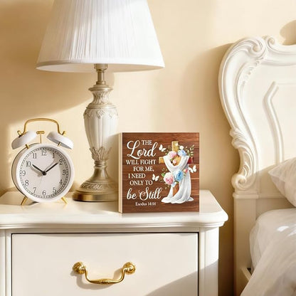 The Lord Will Fight for You Need Only To Be Still Wood Block Plaque Box Sign for Home Living Room Coffee House Bar Shelf Table Decoration, Exodus 14:14 Bible Verse Decor Gifts for Friends