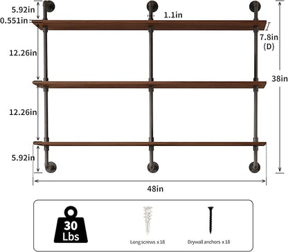 3-Tier Industrial Pipe Floating Shelf – Rustic 48 inch Wood Wall-Mounted Storage Shelf for Kitchen Office,Bathroom & Home Decor -Walnut