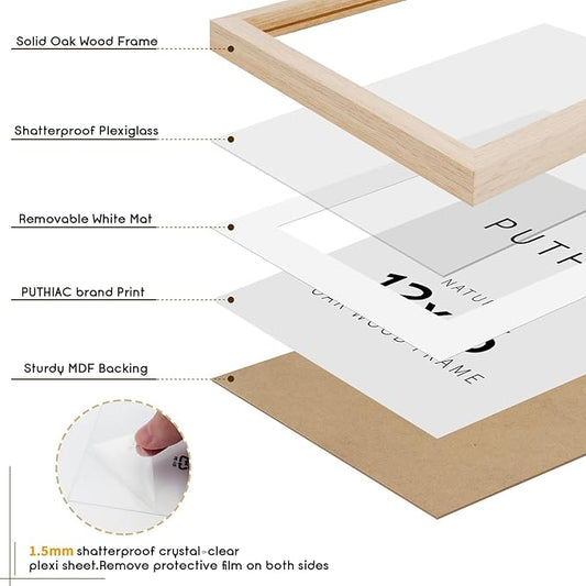 puthiac 12x16 Solid Oak Wood Picture Frame, Fits 8x12 with Mat or 12x16 Without Mat, Wall Display Only, Vertical or Horizontal, Plexi Front, 3 Pack, Natural Oak