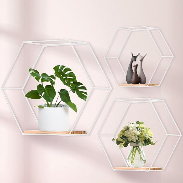 Modern Metal White Hexagonal Floating Shelves - Set of 3, Wood Partition Shelves for Bedroom, Living Room, Kitchen, Office, Plants and Art