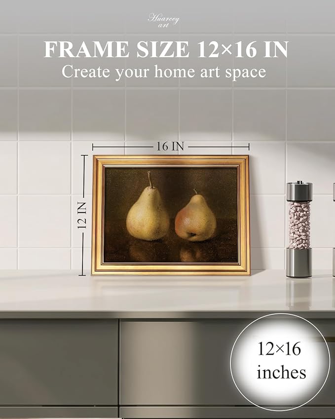 HUARCEY Gold Framed Vintage Wall Art for Living Room, Pear Fruits Painting Prints Shelf Decor for Kitchen, Aesthetic Bedroom Wall Art Decor, Christmas Gift for Friends or Family (Two Pears 12