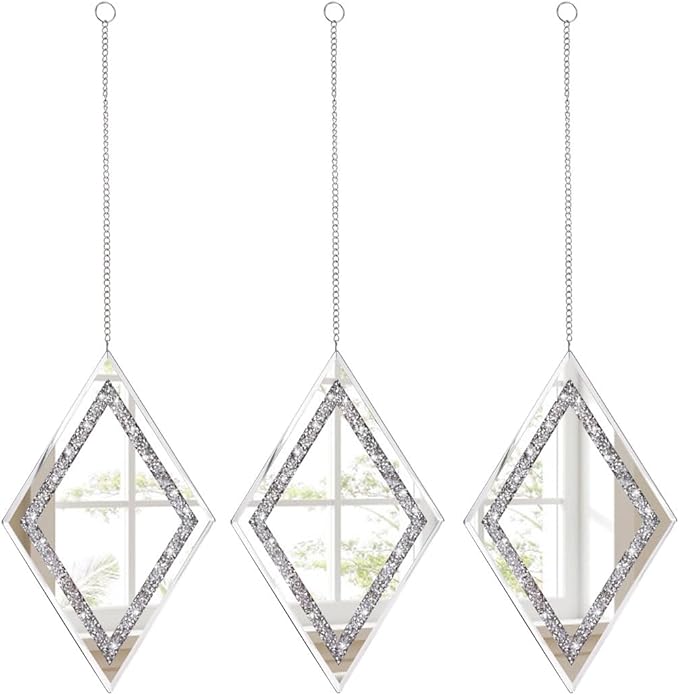 Pibeyer Silver Diamond Shaped Wall Mirror Set of 3, Decorative Crystal Crush Diamond Mirrors for Bedroom, Living Room & Hallway, Home Decor