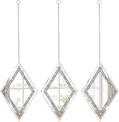 Pibeyer Silver Diamond Shaped Wall Mirror Set of 3, Decorative Crystal Crush Diamond Mirrors for Bedroom, Living Room & Hallway, Home Decor