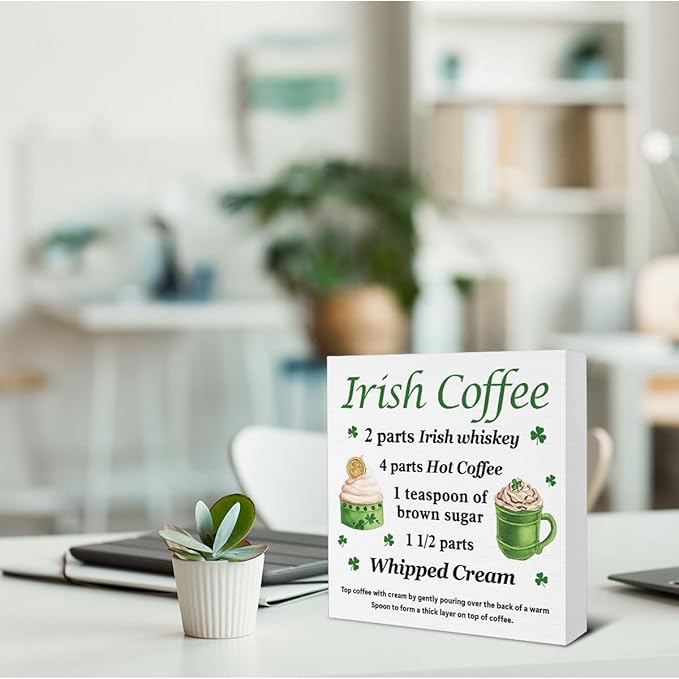 St Patricks Day Decor - Irish Gifts - St. Patrick's Day Decorations Coffee Bar Wooden Sign Home Kitchen Coffee Bar Desk Table Shelf Decor - 5 x 5 Inches