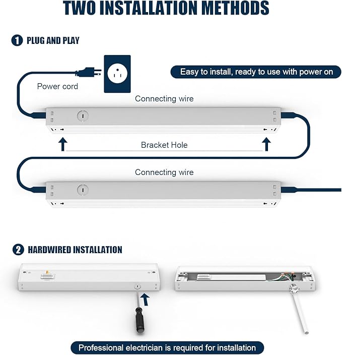 16" LED Under Cabinet Lighting Hardwired & Plug in, 3CCT Selectable (Warm White, Cool White and Daylight) Stepless Dimmable, Linkable with 2 Cords Under Counter Lights for Kitchen, CRI94, Matte White