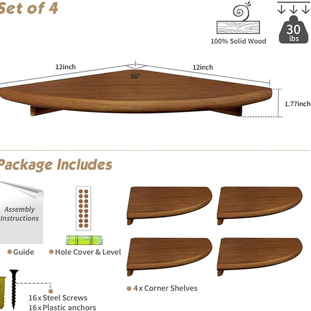 Forbena Corner Bookshelf Wall Mounted Set of 4, Wooden Floating Book Shelves for Nursery, Large Wall Shelving Unit for Living Room Bedroom Bathroom Kitchen Office Classroom Corner (Walnut Color)