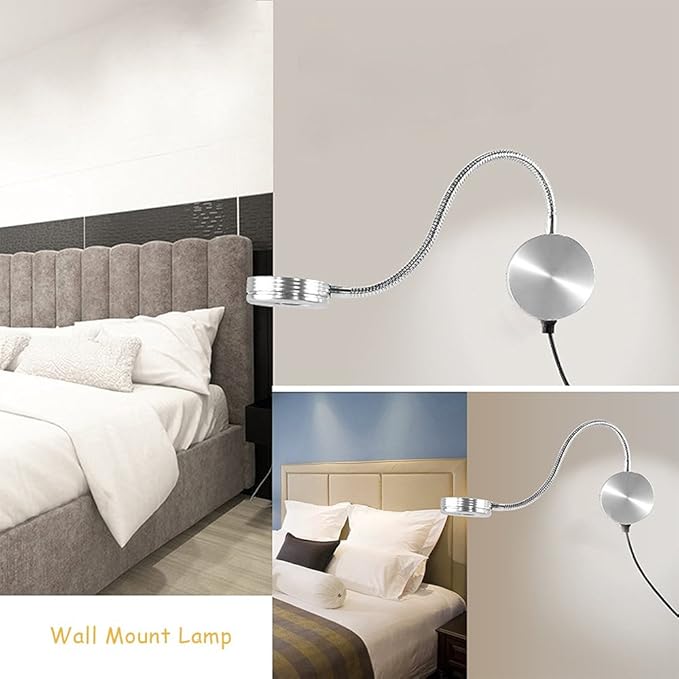 Youngine 5W Plug Wired Flexible Gooseneck Wall Sconce Reading Lamp Art Works Show Accent Light Wall Mount Spot Lamp Fixture with On/off Switch (Round Silver-Warm White)