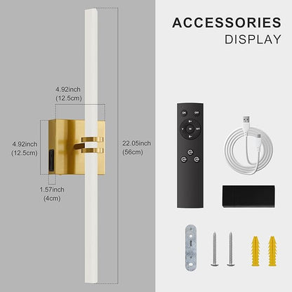 Battery Operated Wall Sconce 1Pack, Gold Rechargeable Wall Lights with Dimmable Remote Control, 22 Inch 3000K-6000K LED Wireless Wall Lamps for Bedroom, Hallway, Background Wall