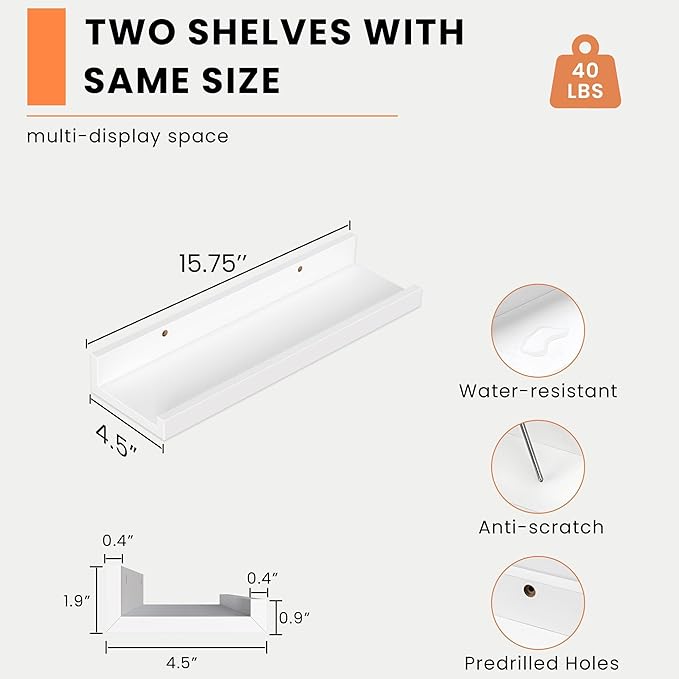 Heimlove Picture Ledge Shelf, Floating Shelves Set of 2, 16 Inch - White
