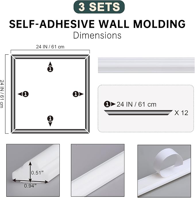 Melkus Peel and Stick Wall Molding Kit, 3 Sets 24" x 24" Precut Wainscoting Panels, Self Adhesive Molding Trims for Interior Wall Décor